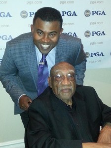 STHM alumnus Lou Holder, an anchor for Back9Network, a golf-centered television network, meets Charlie Sifford, who in 1948 turned pro to help desegregate the sport. Sifford recently received the Presidential Medal of Freedom, an award ceremony which Holder and Back9 covered.