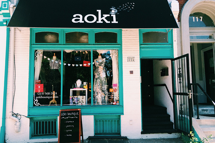Aoki Boutique's distinctive turquoise exterior along 22nd Street in Center City Philadelphia. 