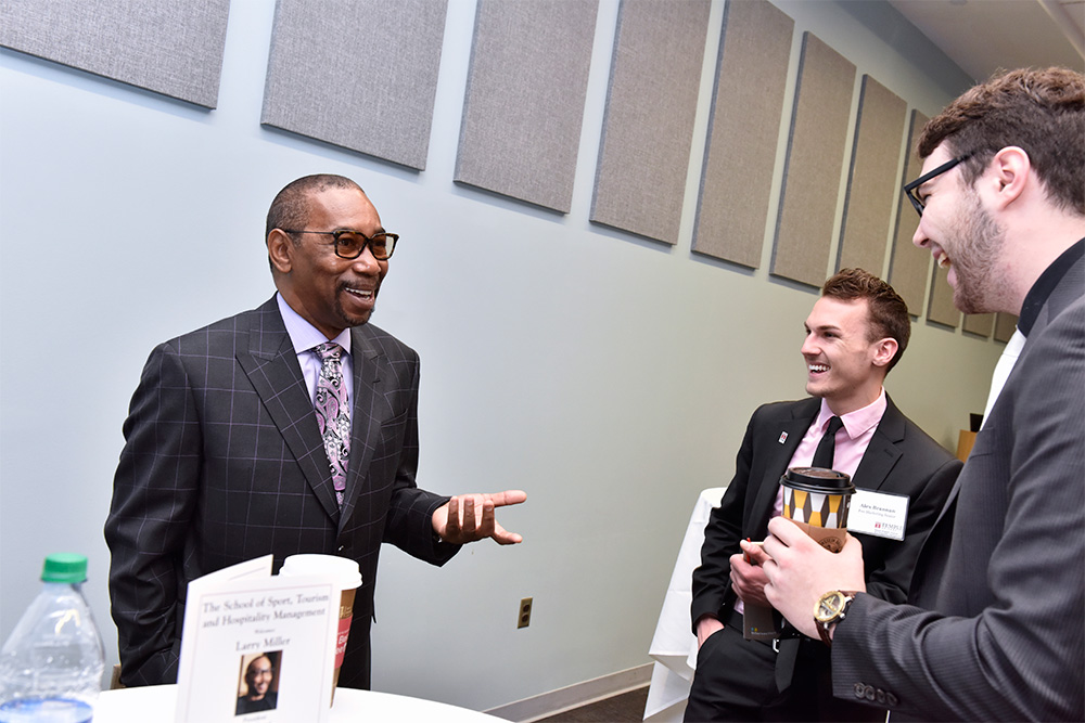 Larry Miller, President of Nike’s Jordan Brand, networks with students before his presentation as STHM’s Executive in Residence (All photos by Jim Roese Photography)