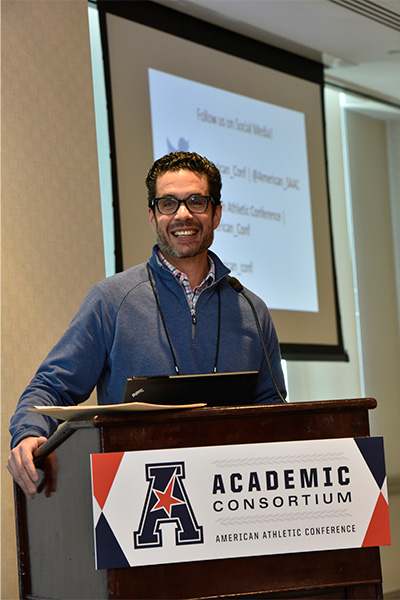 Dr. Jeremy Jordan, of Temple’s STHM, delivers opening remarks at the American Athletic Conference’s Academic Symposium. (All photos by Jim Roese Photography)