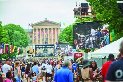 Crowds in front of a building with columns and large screens showing musicians